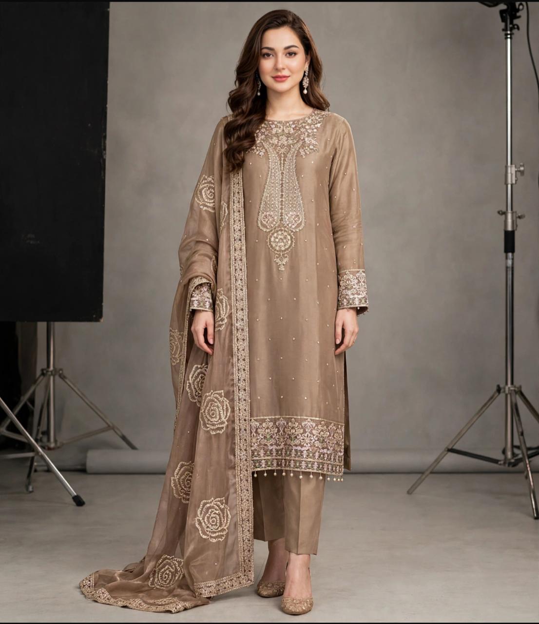 Luxury Shesha Lava Silk Suit with Matching Fabric Dupatta & Plain Malai Trouser | Formal & Festive Wear