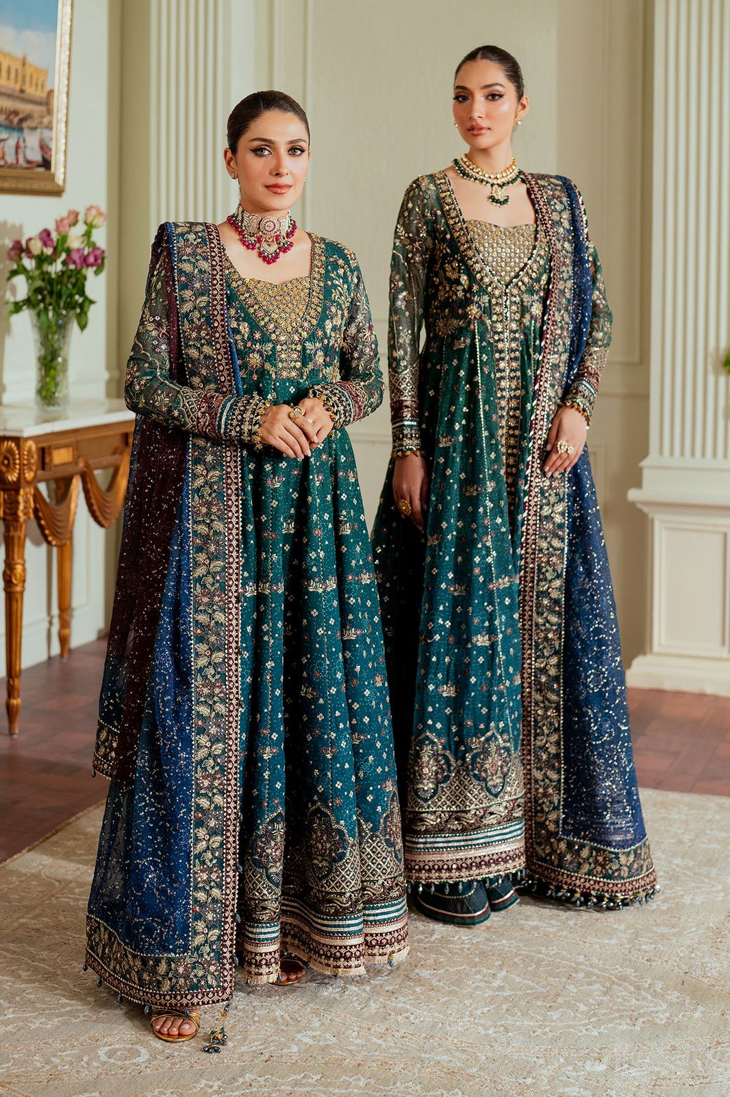 Luxurious Emerald Green Embroidered Chiffon Anarkali Frock with Contrast Dupatta