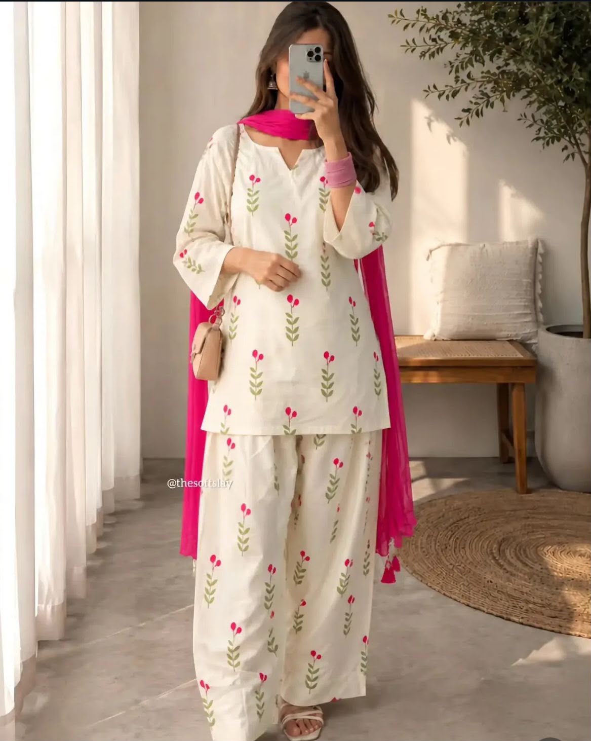 Floral Printed Kurti with Farshi Shalwar and Contrast Dupatta Set – Casual & Festive Wear