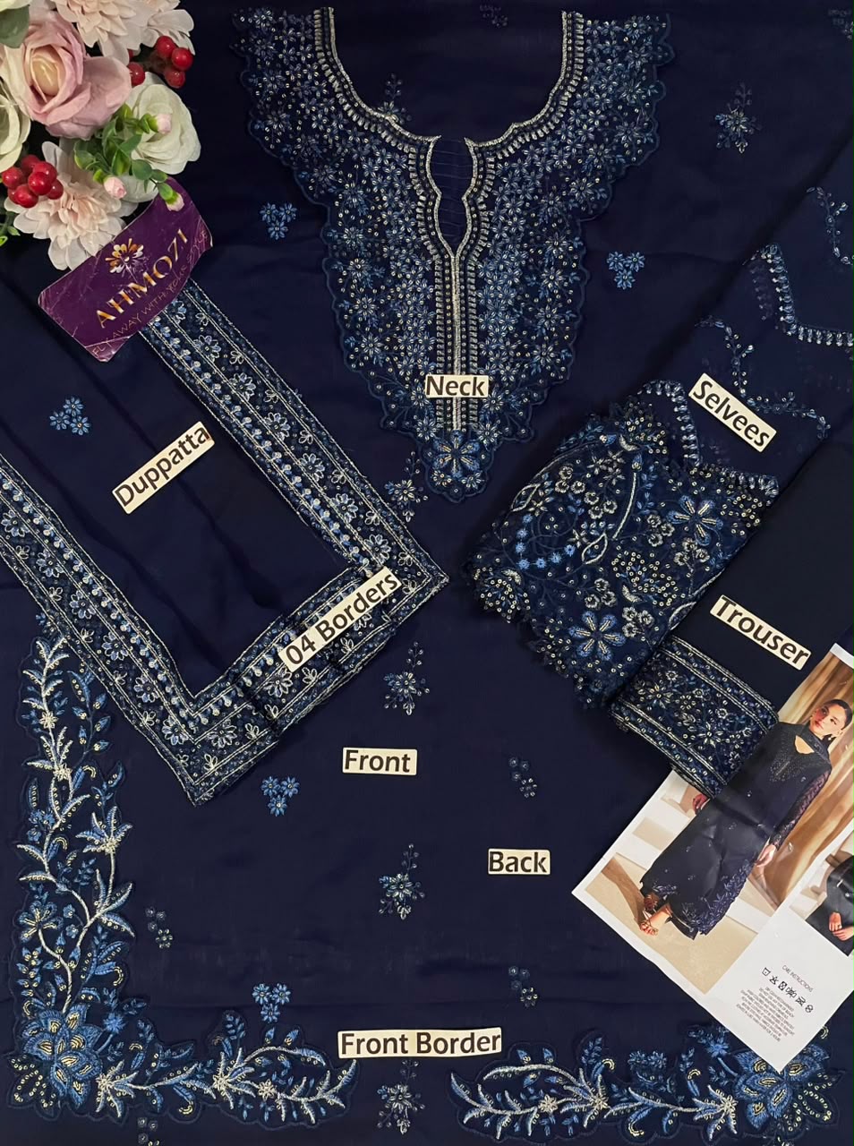 Midnight Navy Luxury Chiffon Embroidered Suit with Malai Trouser | Elegant Formal & Festive Wear