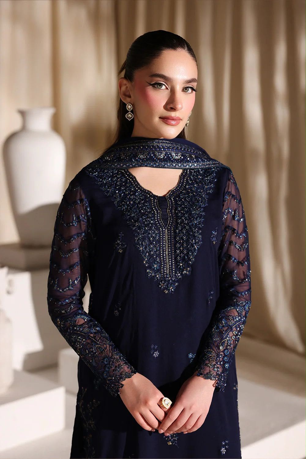 Midnight Navy Luxury Chiffon Embroidered Suit with Malai Trouser | Elegant Formal & Festive Wear