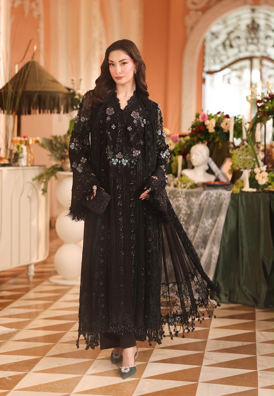 Jet Black Luxury Chiffon Heavy Embroidered Suit with Silk Trouser | Formal & Festive Wear