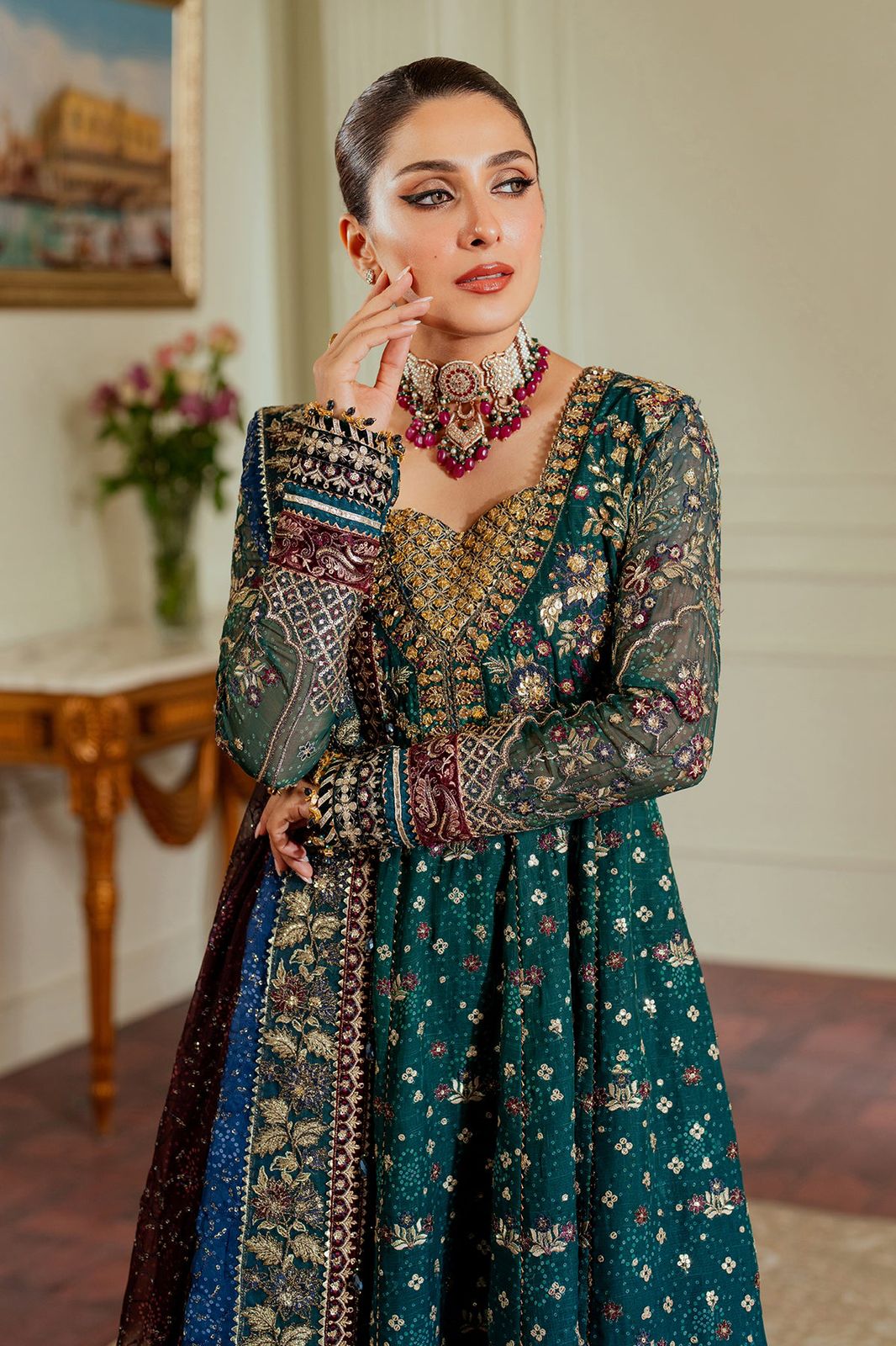 Luxurious Emerald Green Embroidered Chiffon Anarkali Frock with Contrast Dupatta