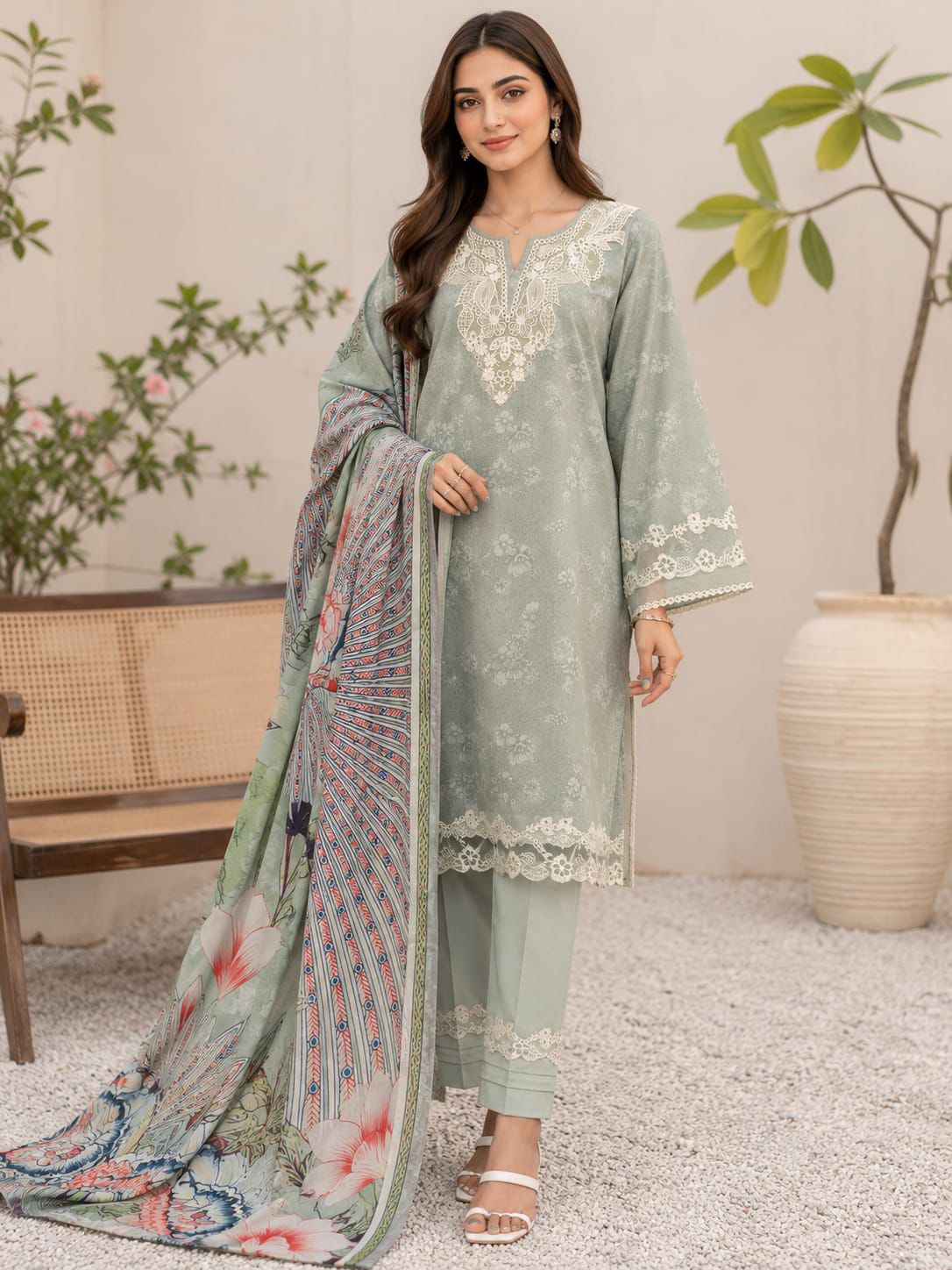 Sage Green Printed Lawn Suit with Heavy Embroidered Neckline & Cutwork Border | Casual & Summer Festive Wear