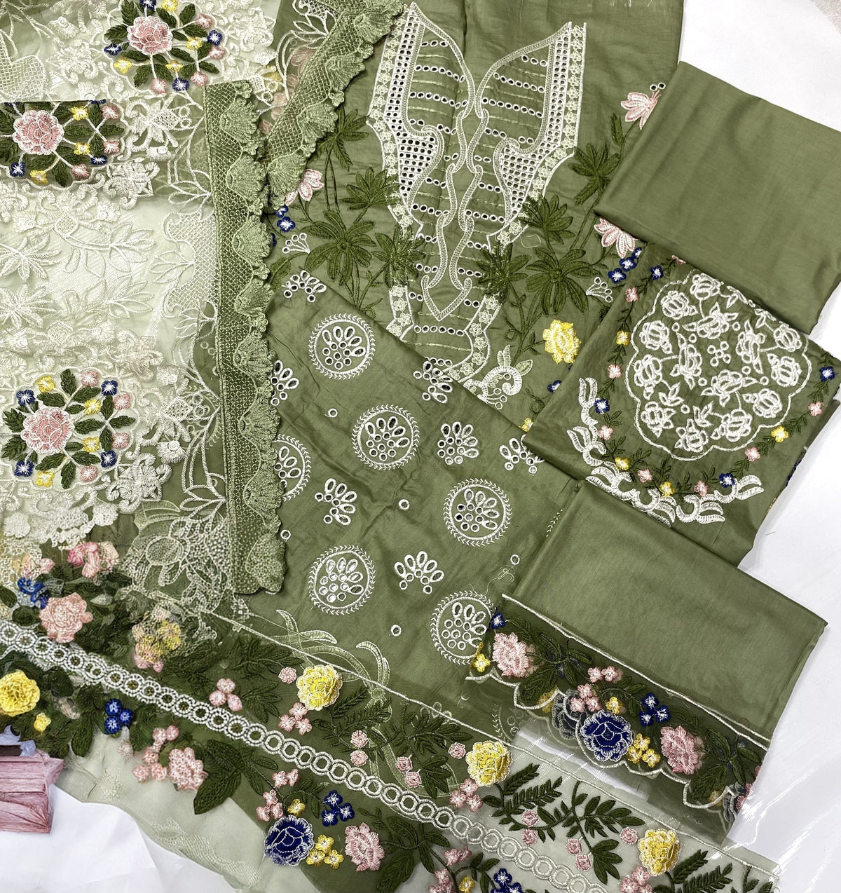 Sage Green Luxury Embroidered Cotton Suit with Net Khaddi Dupatta