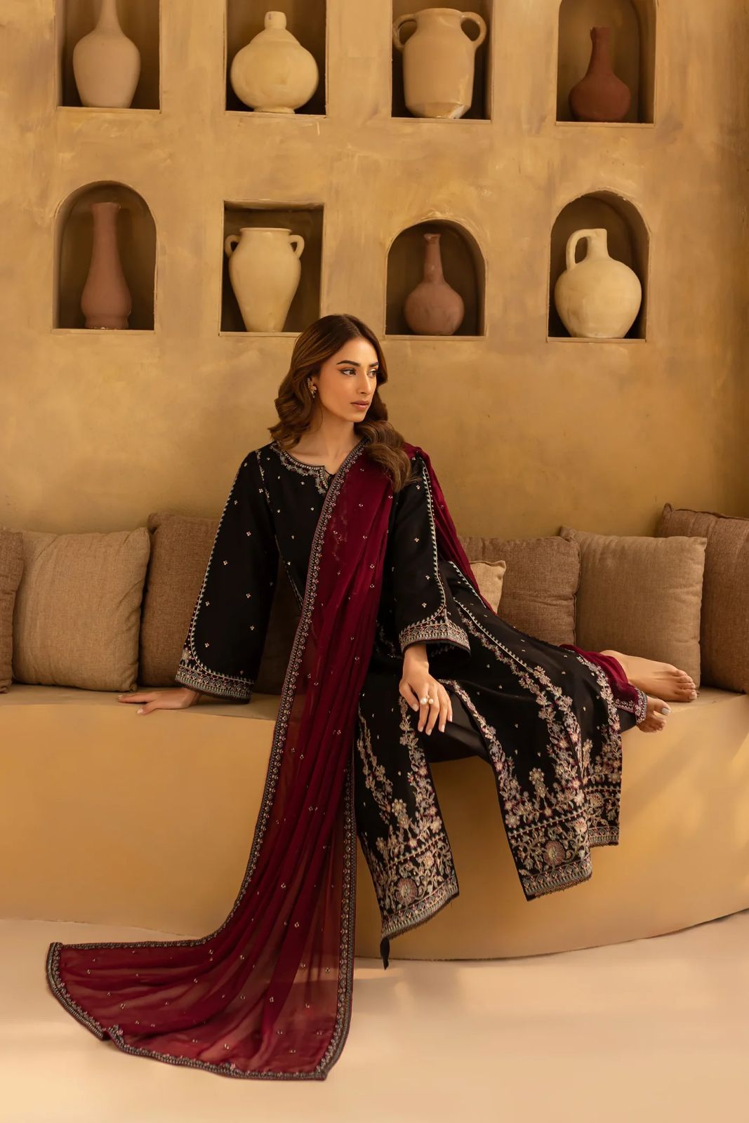 Embroidered Cotton Silk Sequence Work Suit with Chiffon Dupatta | Luxury Festive Wear