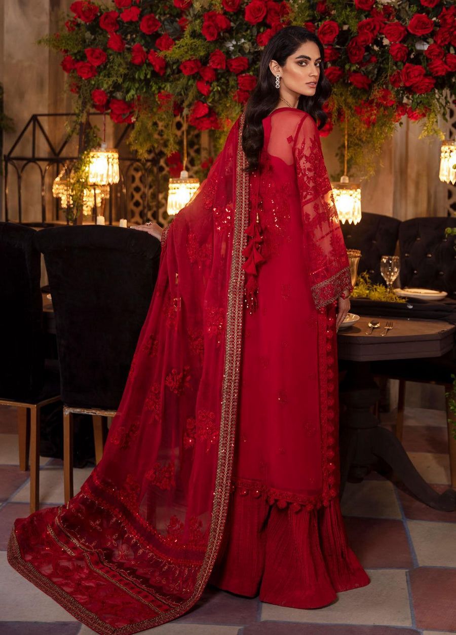 Ruby Red Luxury Chiffon Embroidered Suit with Gharara | Elegant Formal & Festive Wear