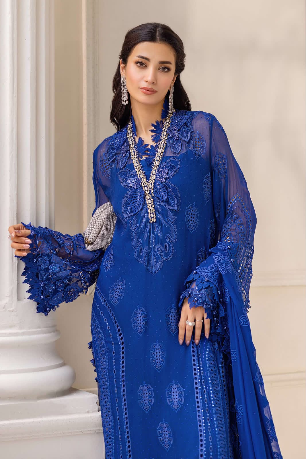 Royal Blue Embellished Chiffon Evening Gown – Elegant Floral Embroidered Occasion Wear