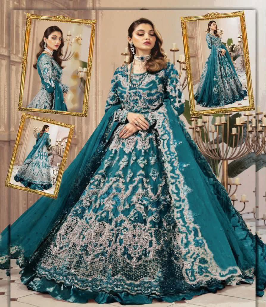Teal Blue Heavy Embroidered Net Maxi Dress with Net Dupatta & Silk Inner/Bottoms | Bridal & Festive Wear