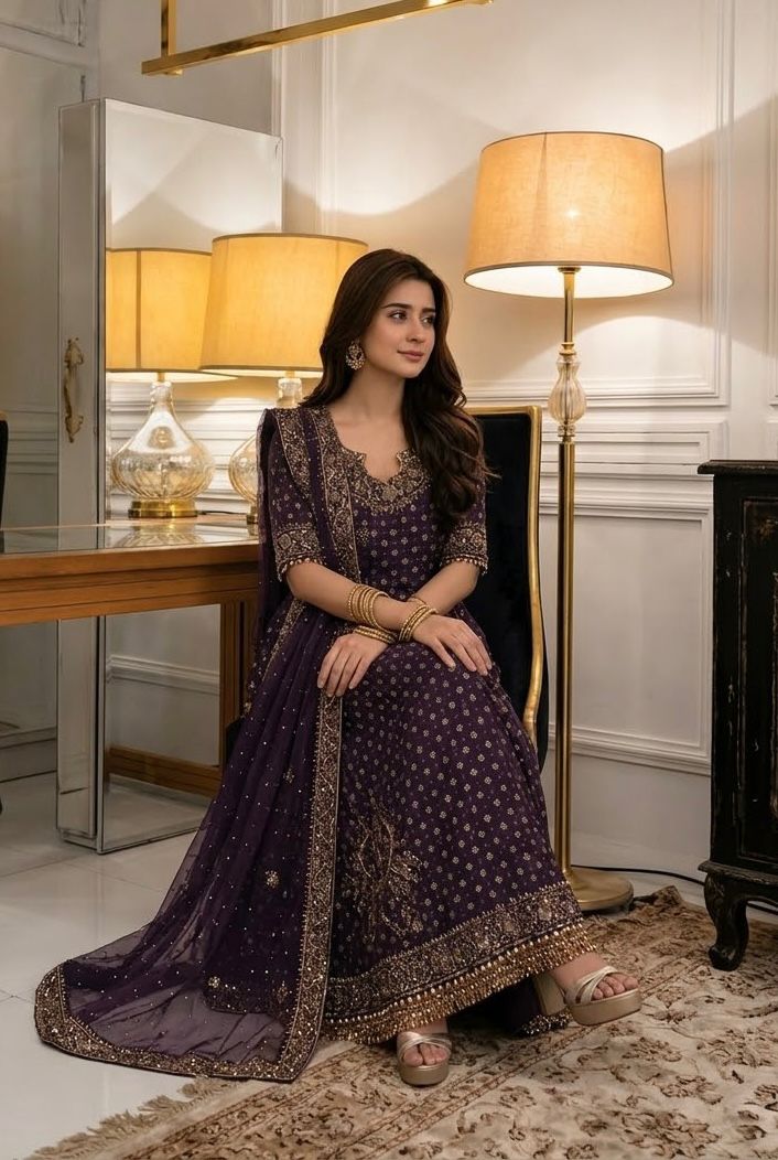 Luxury Chiffon Suit with Adda Work & Matching Clutch | Elegant Festive & Wedding Wear