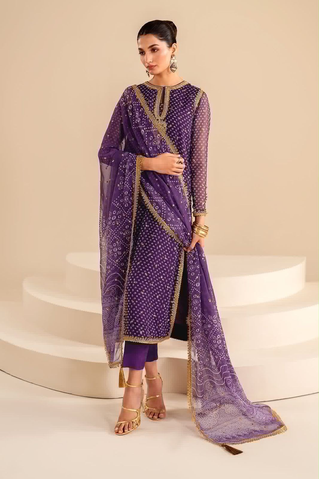 Traditional Tie-Dye Print & Embroidered Chiffon 3-Piece Ensemble