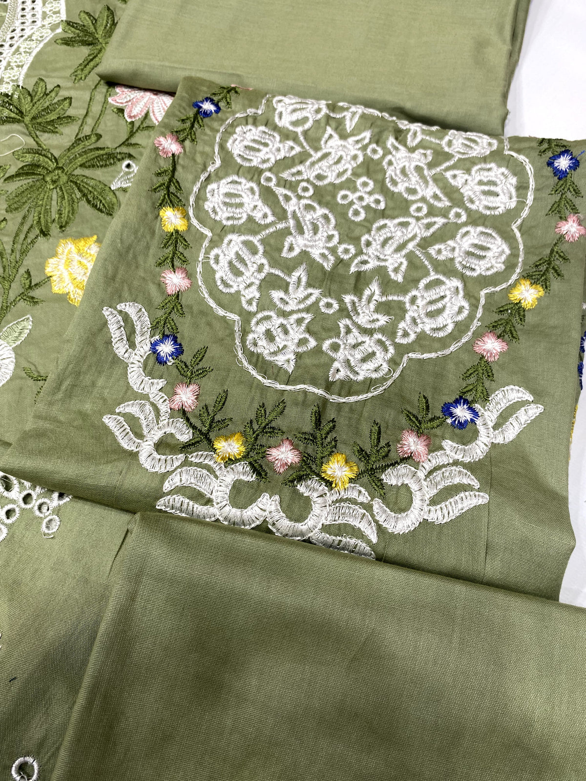 Sage Green Luxury Embroidered Cotton Suit with Net Khaddi Dupatta