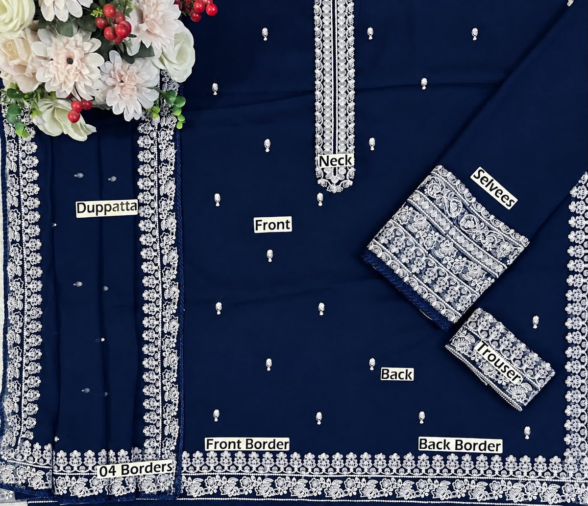 Luxury Chiffon Heavy Neck Embroidered Suit with Wide-Legged Pants & Dupatta | Formal & Festive Wear