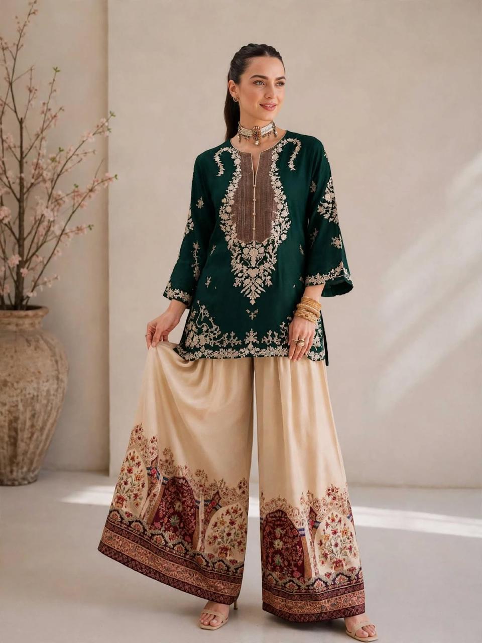 2-Piece Silk Embroidered Suit with Printed Palazzo | Luxury Formal & Festive Wear