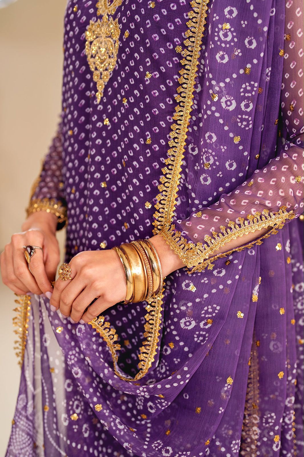 Traditional Tie-Dye Print & Embroidered Chiffon 3-Piece Ensemble