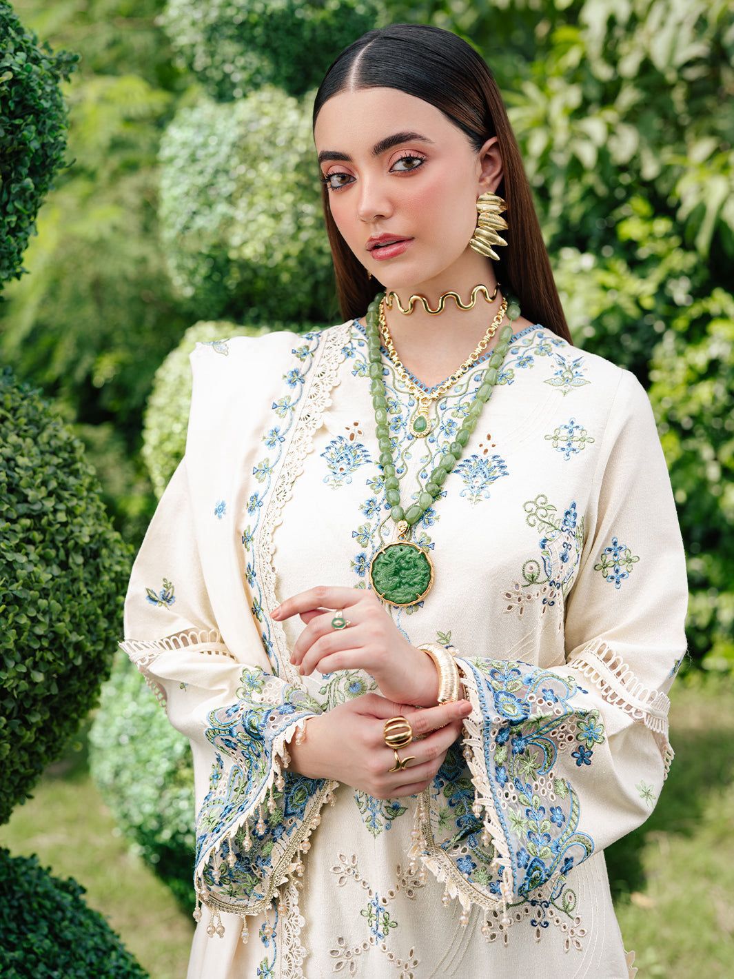 3-Piece Luxury Embroidered Cotton Suit with Embroidered Chiffon Dupatta