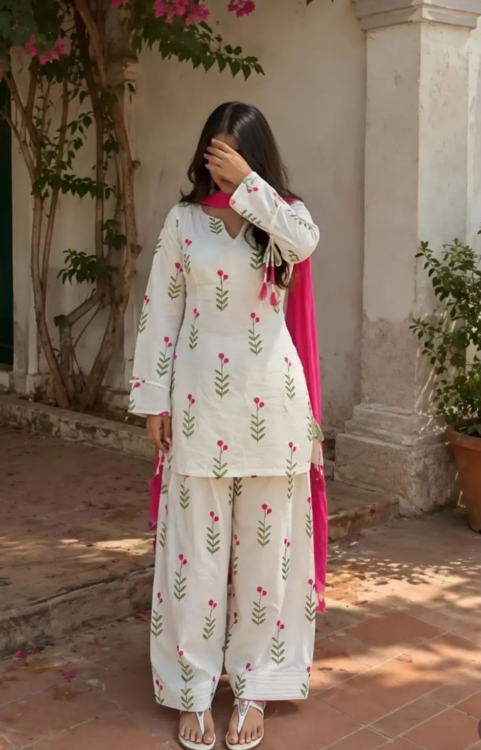 Floral Printed Kurti with Farshi Shalwar and Contrast Dupatta Set – Casual & Festive Wear