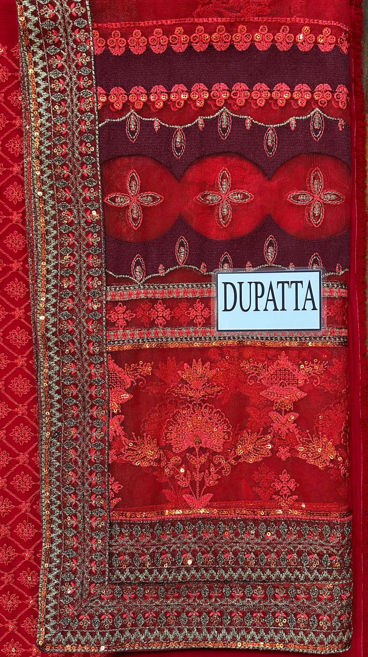 Ruby Red Luxury Chiffon Embroidered Suit with Gharara | Elegant Formal & Festive Wear