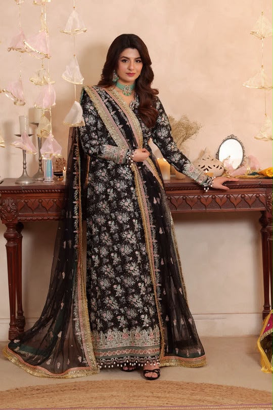 Formal Raw Silk Embellished Maxi Ensemble with Sheer Dupatta