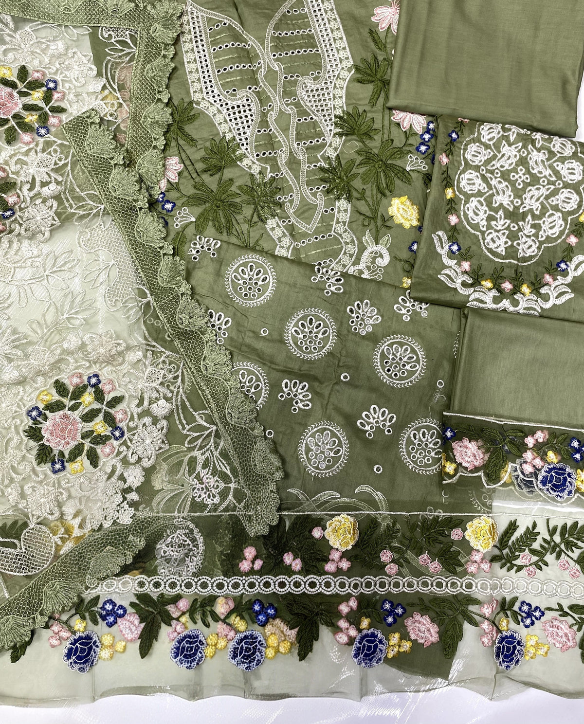 Sage Green Luxury Embroidered Cotton Suit with Net Khaddi Dupatta